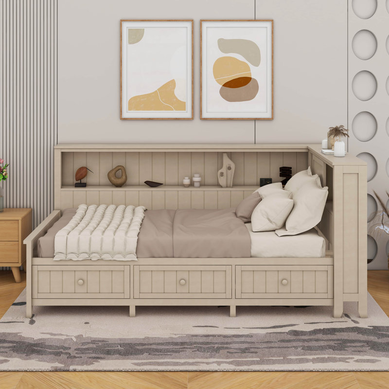 Lit de jour en bois avec tablettes de rangement et 3 tiroirs, Lit simple