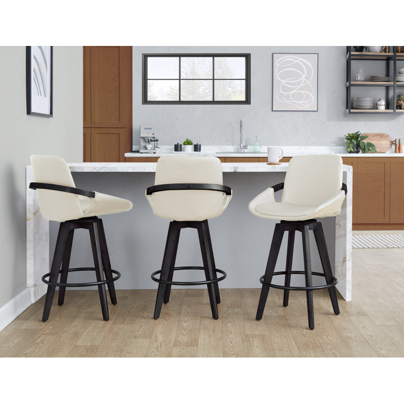 Whitacre 26" Fixed Height Faux Leather Counter Stools with Round Black Footrest, Cream