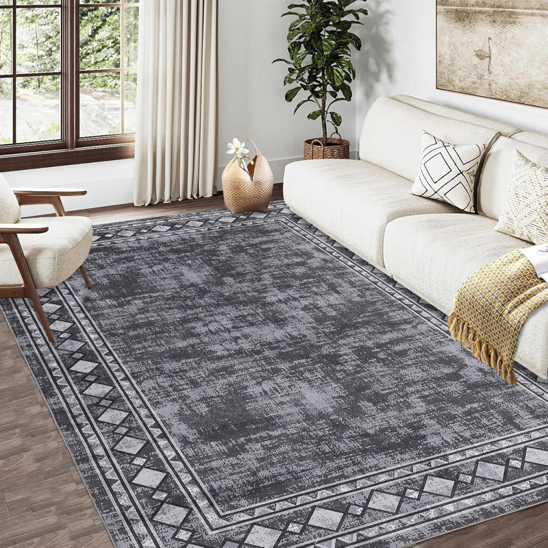 Washable Area Rug - 9'X12' Grey, Soft, Non Slip, Stain Resistant, Low Pile, Vintage Style For Living Room, Bedroom, Dining Room, Office, Nursery