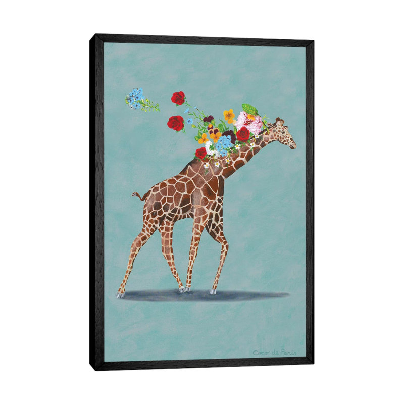 Giraffe With Flowers by Coco De Paris - Painting on Canvas, Black Framed Canvas, 152.4cm H x 20.32cm W x 3.81cm D