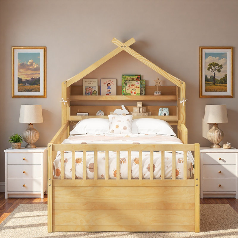 Lit maison avec lit gigogne, tablettes de tête de lit et tiroirs de rangement, Lit simple, Naturel