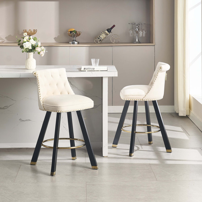 Ensemble de 2 tabourets de bar rembourrés en velours, Beige