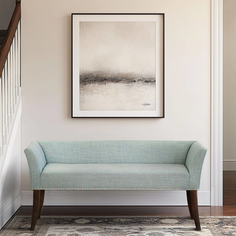 Élégant banc de siège rembourré bleu sarcelle avec rembourrage à dossier bas, texture à chevrons et accoudoirs évasés, confort durable, capacité de 400 lb, entrée