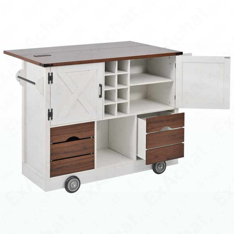 54" Farmhouse Kitchen Island With Drop Leaf, Power Outlet, Kitchen Storage Cart With 2 Doors, 2 Drawers, Rolling Kitchen Island On 4 Large Wheels With Spice Rack For Kitchen, Dining Room, White