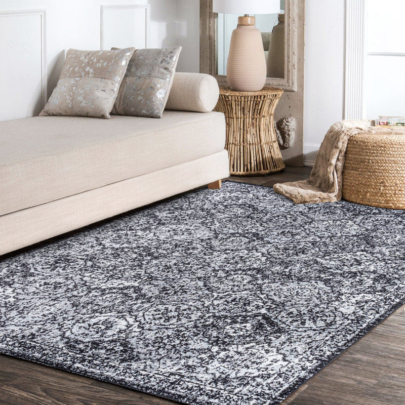 Modern Persian Boho Vintage Trellis Black/Ivory Rug, Rectangle 5'3" x 7'6"