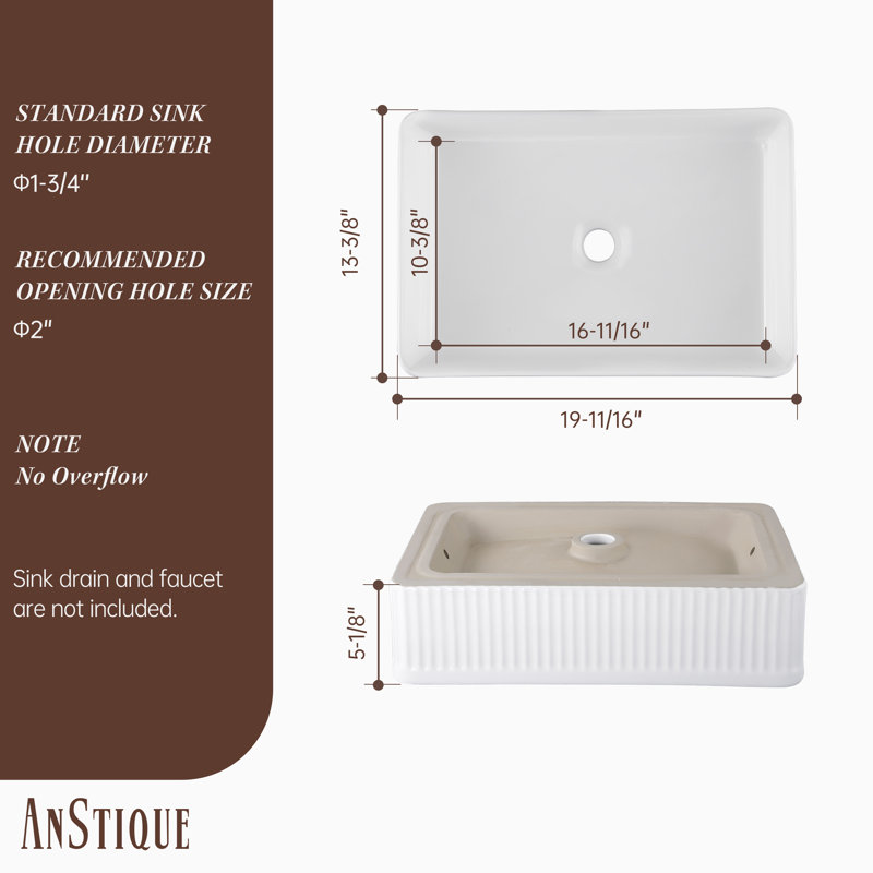 Lavabo de salle de bain rectangulaire en céramique 19 po x L 13,4 po x 13,4 po