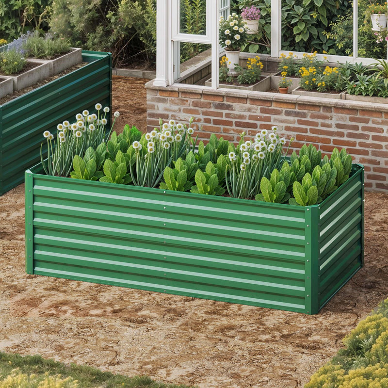 Galvanized Raised Garden Bed With Gloves, 24" H x 72" W x 36" D, Green