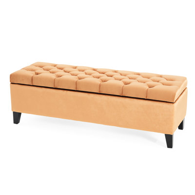 Contemporary Orange Velvet With Lid - Button , Diamond Stitch, 51.00"W X 17.27"D 17.2"H, Wood And Stitch Pattern, Orange, 17.2"H