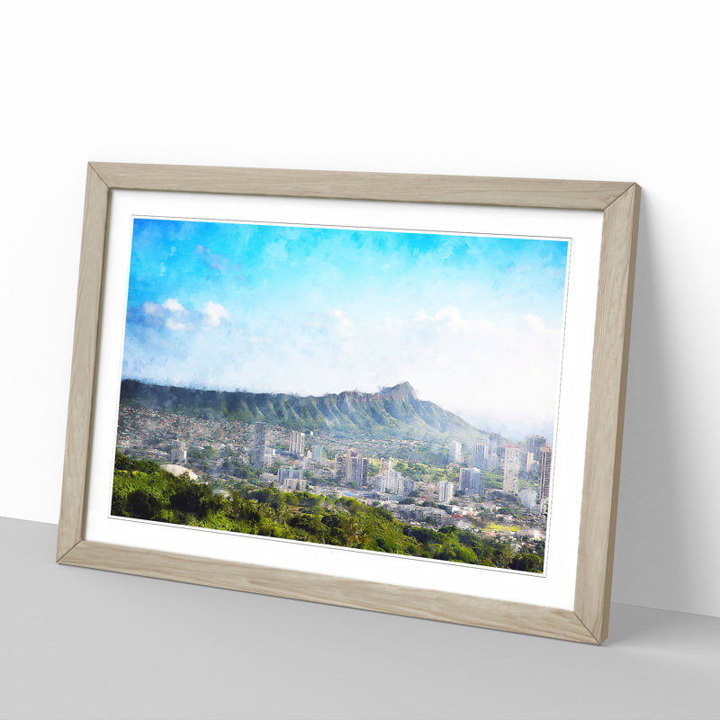 Honolulu Oahu Skyline in Hawaii - Picture Frame Painting, 27cm H x 36cm W x 2cm D, Oak Framed
