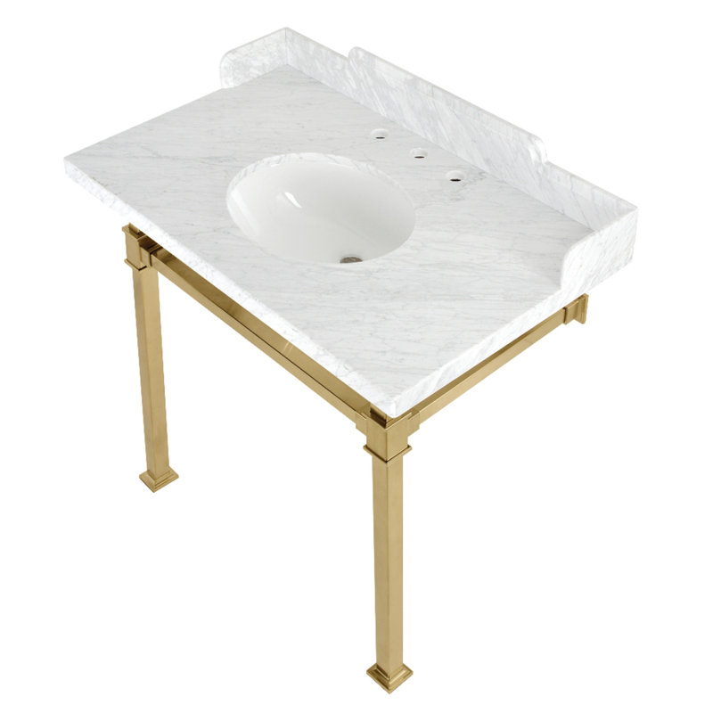 Kingston Brass Viceroy 36-Inch Carrara Marble Console Sink with Stainless Steel Legs (8-Inch, 3-Hole)
