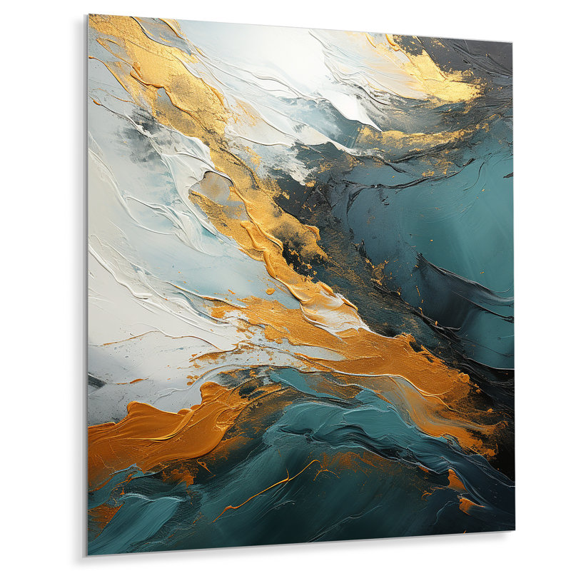 Or et vert abstrait cascade de marbre II - Art mural abstrait en métal, H 32 po x l 24 po x P 1 po