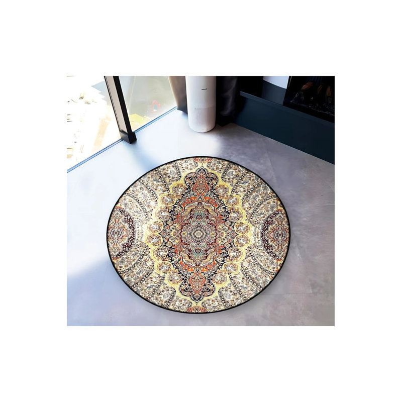 Beige Tones Traditional Motif Patterned Round Woven Base Vintage Decorative Carpet, Round 5'