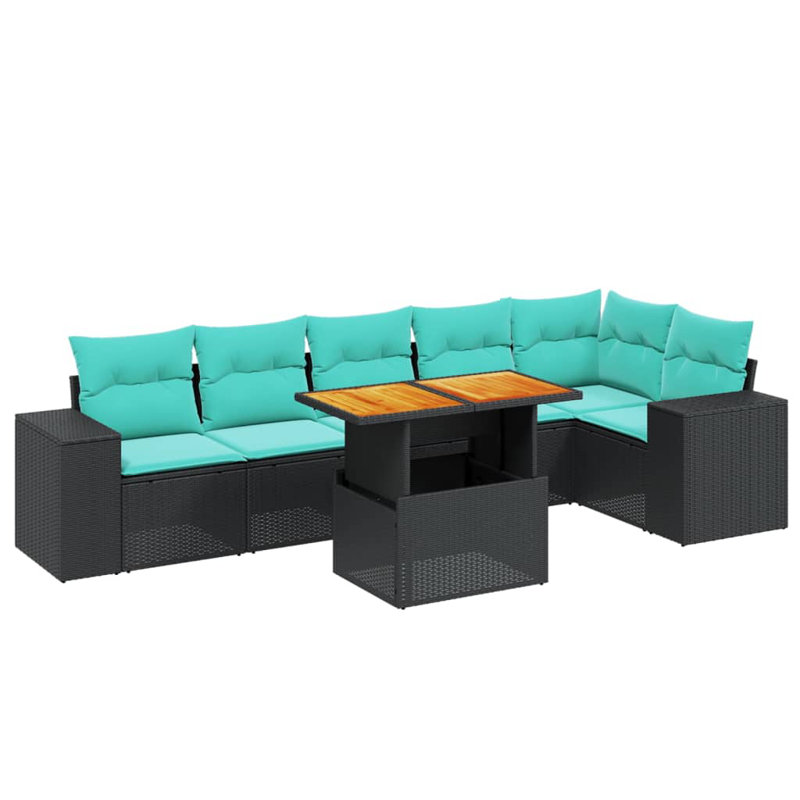  Ensemble de canapé de patio 7 pièces avec coussins en rotin de polyester, Noir, Vert