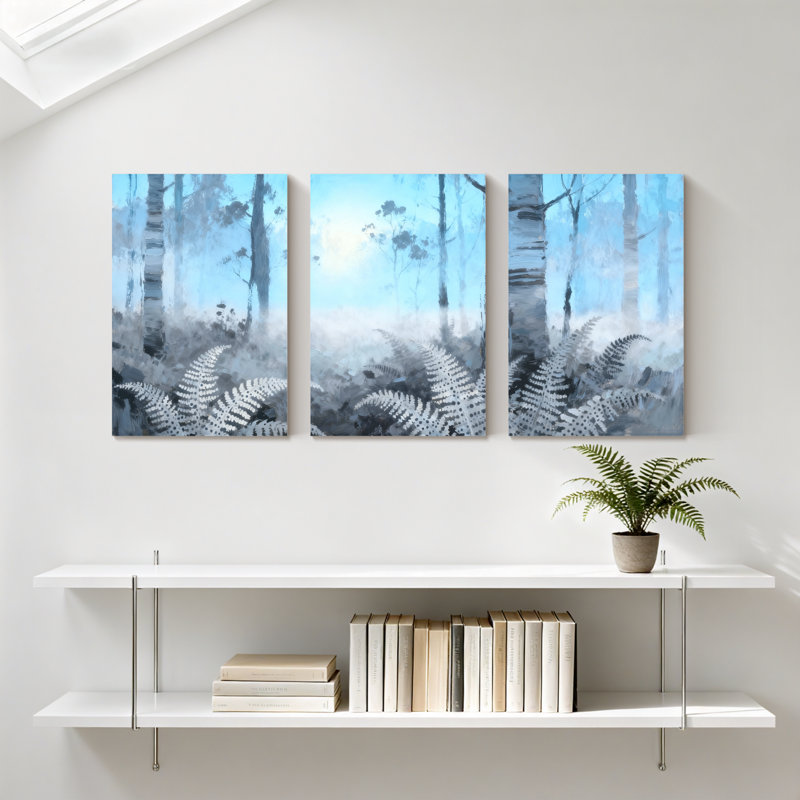 Forêt d'hiver, fougères bleues, brumeux, H 18 po x l 36 po