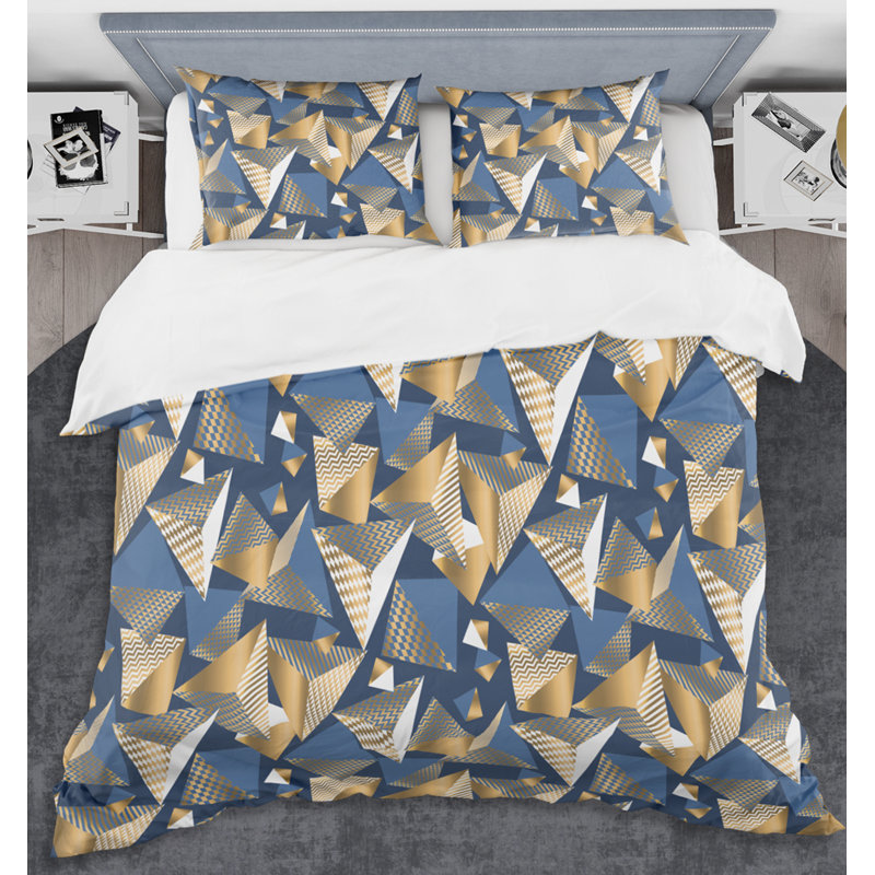 Cubes dorés et bleus - ensemble de housse de couette abstrait Glam - microfibre de polyester