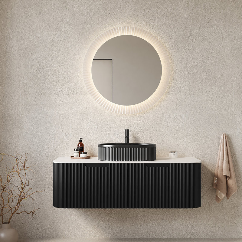 Meuble-lavabo de salle de bain mural moderne avec tiroirs, pré-assemblé, Noir, 48"