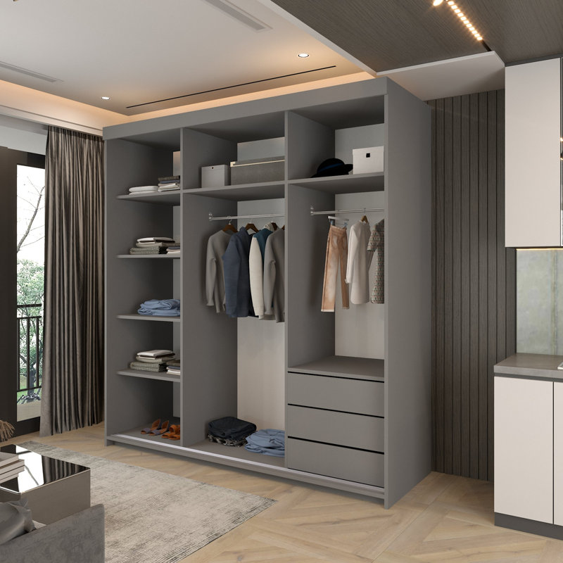 Modern Double Sliding Door Wardrobe in /Grey/Oak/White, Grey, 217cm H x 203cm W x 62cm D