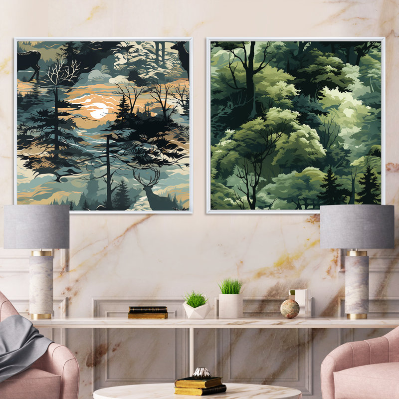 Castiglione - Ensemble de 2 collages carrés forêt, H 16 po x l 33 po, Cadre flottant blanc