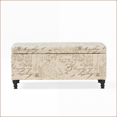 Ottoman with Storage Bench, Traditional French Script, 19"H x 22"W x 42"L, Solid Wood Legs for Living Room Entryway Bedroom | Fabric | Wood