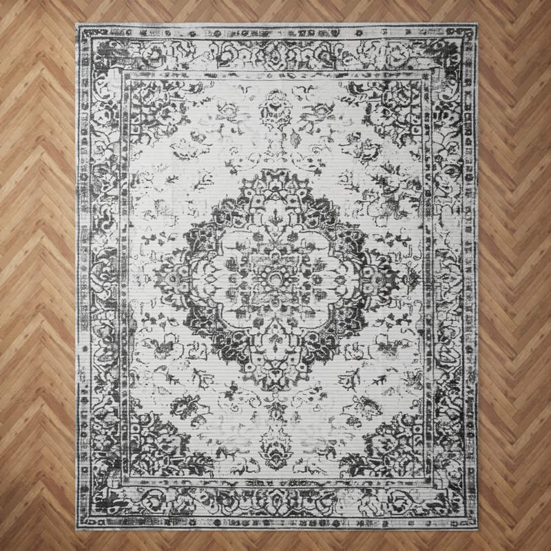 Non-Slip Floral Machine Washable Vintage Area Rug in Grey/Cream, Rectangle 4' x 6'