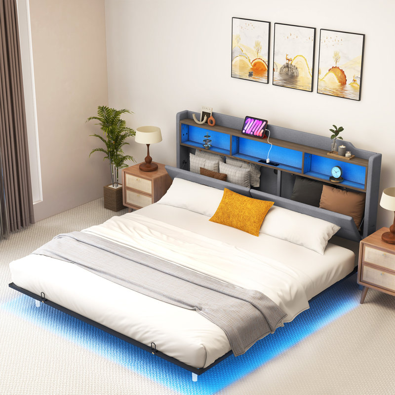 Upholstered Platform Storage Bed with LED Lights, King, Grey