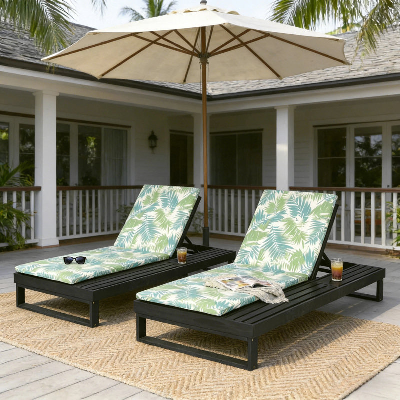 Acacia Wood Chaise Lounge With 1.57-Inch Leaf Coconut 2-Fold Cushion Set, 4-Position Adjustable With Flat Side Surface, Black