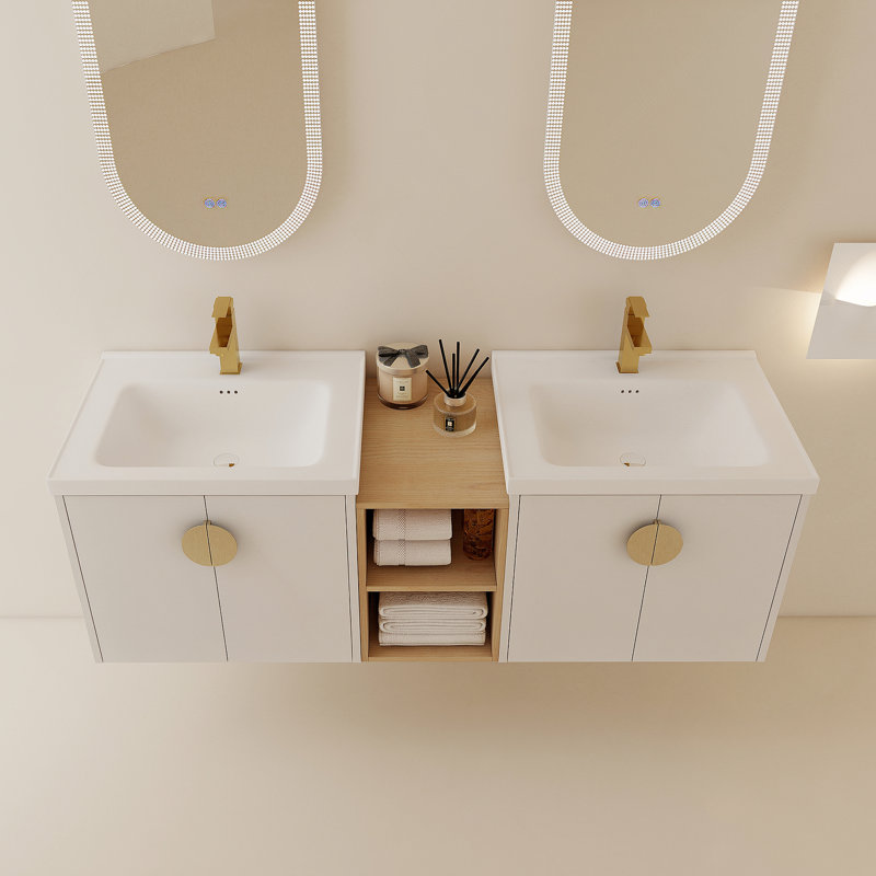 Meuble-lavabo de 60 po avec portes à fermeture en douceur avec lavabo et petites tablettes de rangement., Blanc