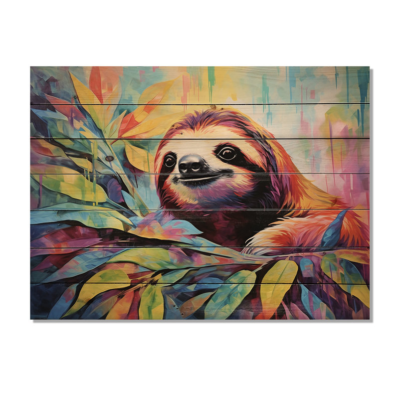 Colorful Pop Art Sloth - Sloth Wood Art On Natural Pine Wood, 24" H x 32" W