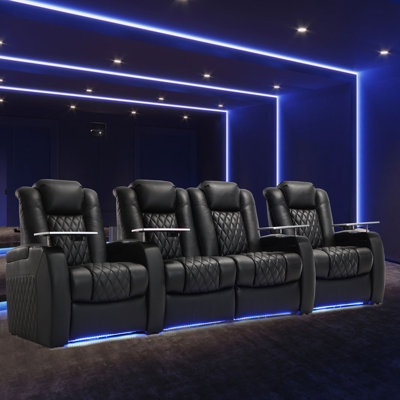 112" Wide Genuine Leather Home Theater Individual Seat with Cup Holder by Latitude Run