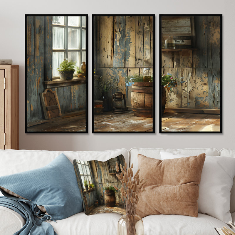 Brown Rustic Barrels Charm III - Rustic Wall Decor Set, 28" H x 36" W x 1" D, Black Floater Framed Canvas