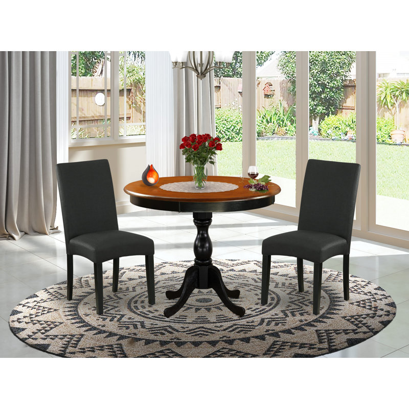 3-Pc Dinner Table Set Contains a Round Dining Room Table and 2 Black Linen Fabric Parsons Chairs with High Back - Black Finish