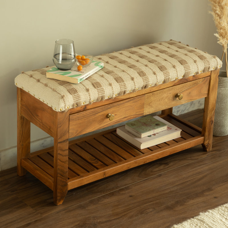 Banc de rangement rembourré en coton Avana, Beige / Ivoire