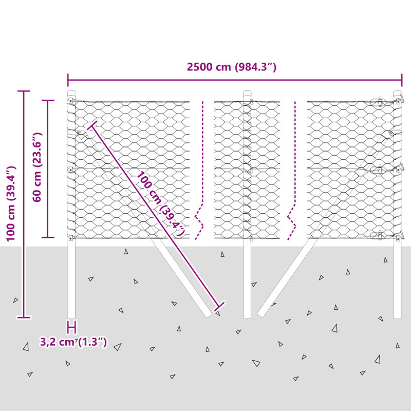 Hexagon Fence Steel, 60cm H x 2500cm W, Grey