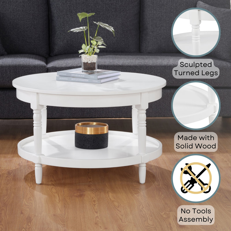 Mayall 30" No Tools Round Coffee Table with Shelf, White