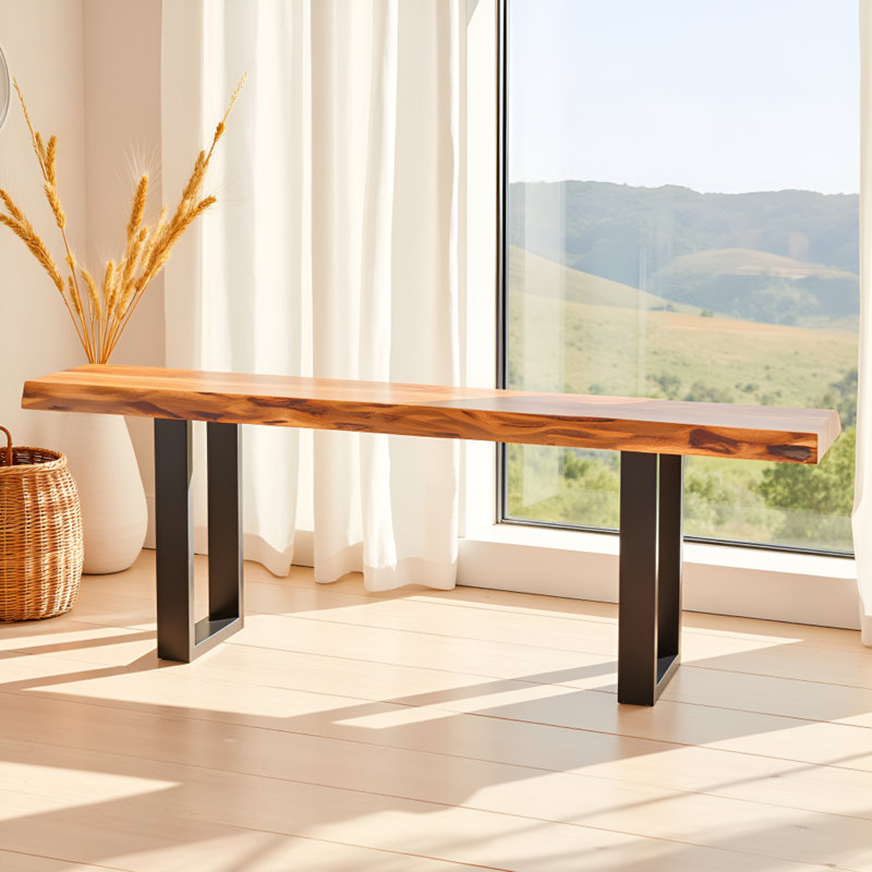 Alaterre Furniture Alpine 48 Inch Solid Wood Entryway Bench - Industrial Modern Bedroom Bench with Live Edge and Metal Legs - Furniture for Entryway, Dining Room, Kitchen, or Bedroom