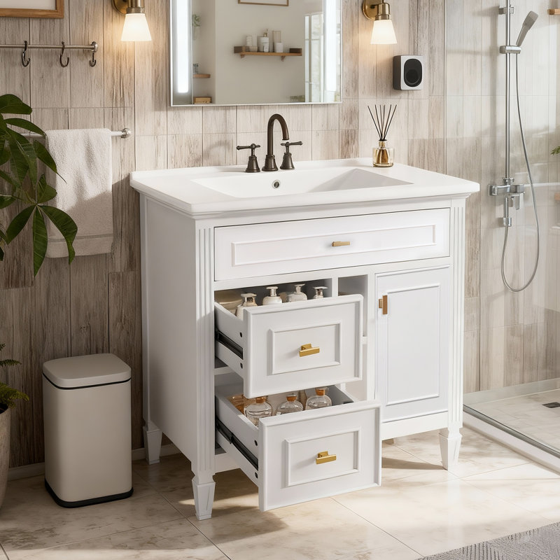Meuble-lavabo de 30 pouces avec lavabo en céramique, armoire en bois massif et en bois aggloméré, avec 1 tiroir rabattable et 2 tiroirs