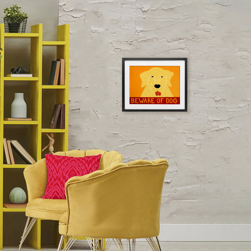 «Beware Of Dog», reproduction encadrée sous verre jaune et rouge, design par Stephen Huneck, H 17 po x l 21 po