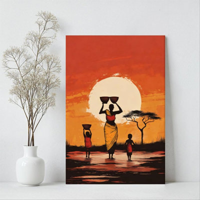 1Pc Framed Canvas Poster Print African Sunset, Mother and Child Carrying Water, Silhouette Art Style Wall Art, Wall Decor, Perfect for Room Decor Livi