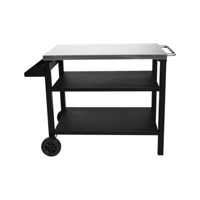 Chariot à 3 roulettes avec plateau supérieur en acier inoxydable et tablette latérale, table de préparation mobile pour la cour arrière, conception de conception noire, besoins de cuisson en plein air améliorés, stabilité de mouvement en douceur,