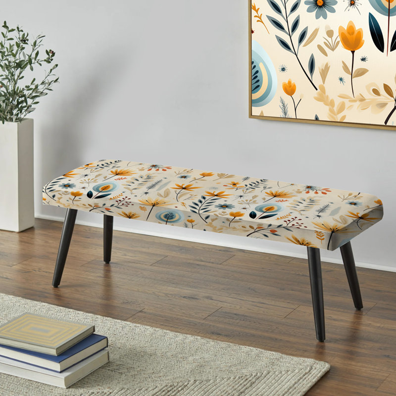 Boho Minimalism Beige Ferns Pattern IV - Floral Upholstered Black Bench
