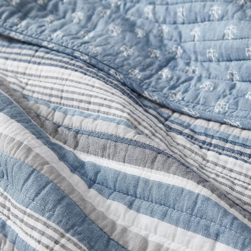Ensemble de literie réversible 100% coton avec taies décoratives assorties, motif à rayures et ancres, ensemble de lit superposé léger toutes saisons, bleu Jettison