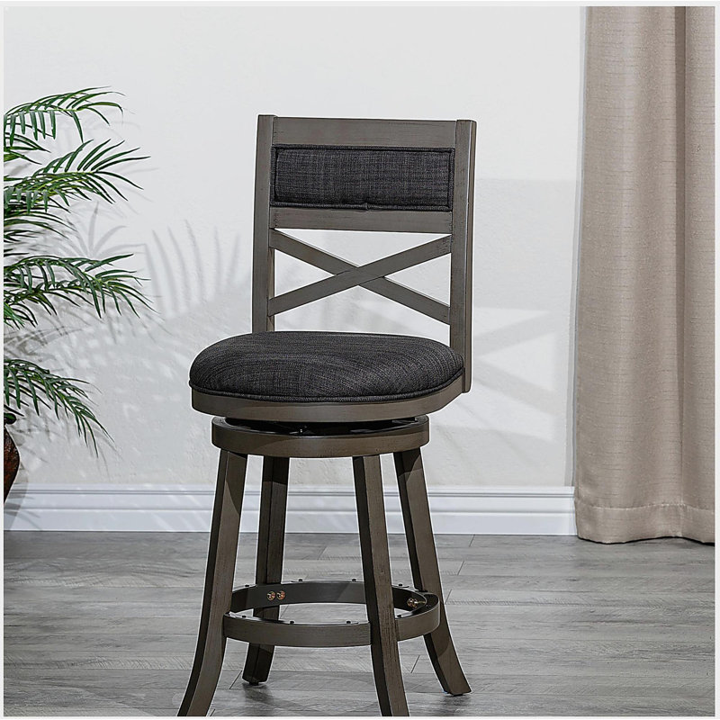 Tabouret de bar en forme de X de 24 po, traitement de surface gris patiné, siège en tissu gris anthracite