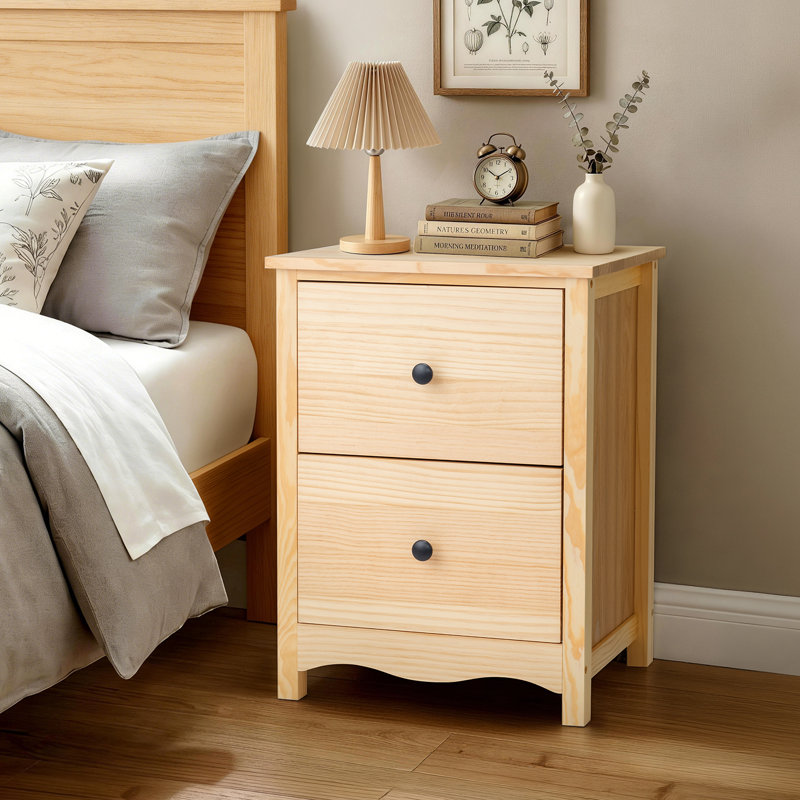 Solid Pine Nightstand Painted Finish 2 Drawers 17.7 Inch W, Natural