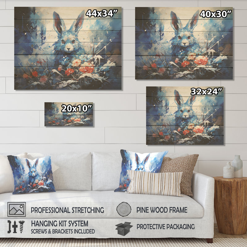 Lapin bleu - Solitude hivernale - Animal lapin sur bois, H 10 po x l 20 po x P 0,78 po