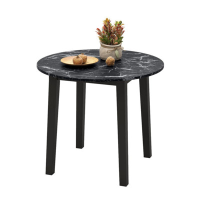Table de salle à manger ronde 35 pouces avec pieds en bois d'hévéa et plateau en placage texturé marbre