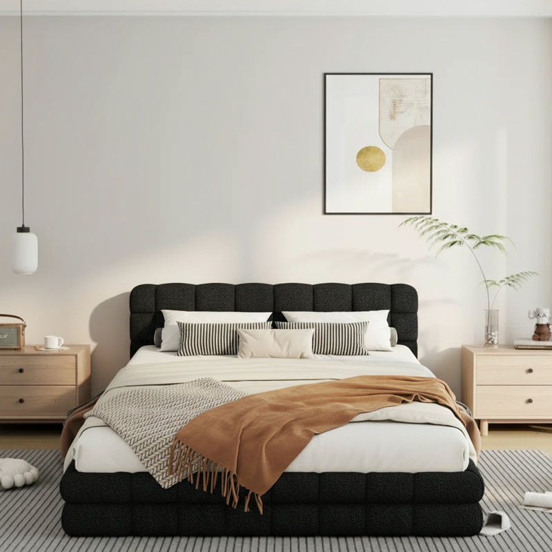 Élégant lit plateforme tapissier avec tête de lit tapissier et structure solide, Grand lit, Noir