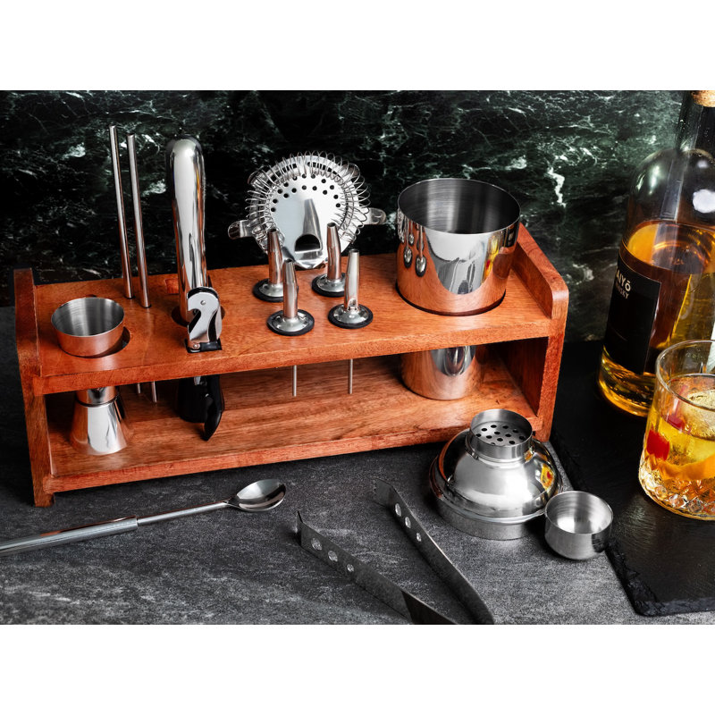 14 Piece Mixology Bar Set Stainless Steel Cocktail Cocktail Shaker Set with Wood Stand