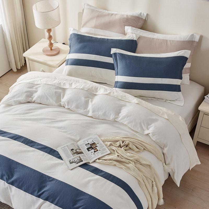Ensemble de housse de couette en lin avec mélange de coton lin naturel rustique rayé