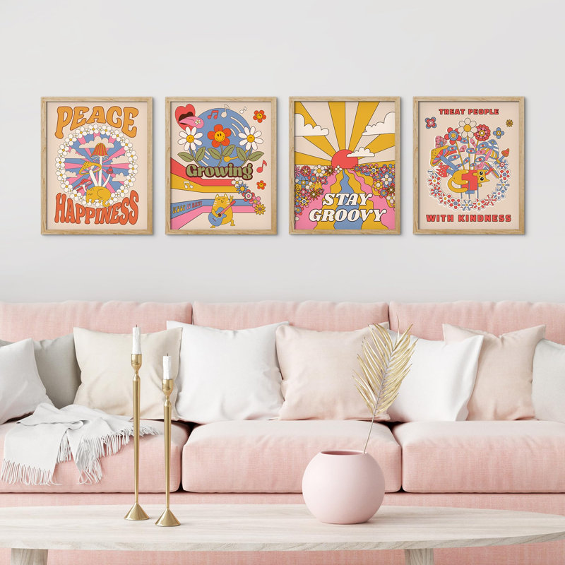 «Peace Happness Crowing Stay Groovy Blessing Quotes», reproduction d'art encadrée sur papier, 4 pièces, Naturel