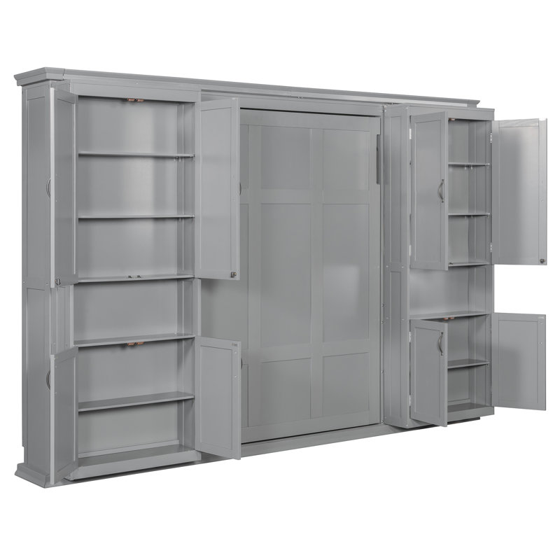 Lit escamotable double avec rangement coulissant double et tablettes latérales à 6 niveaux - Système de lit escamotable mural, gris
